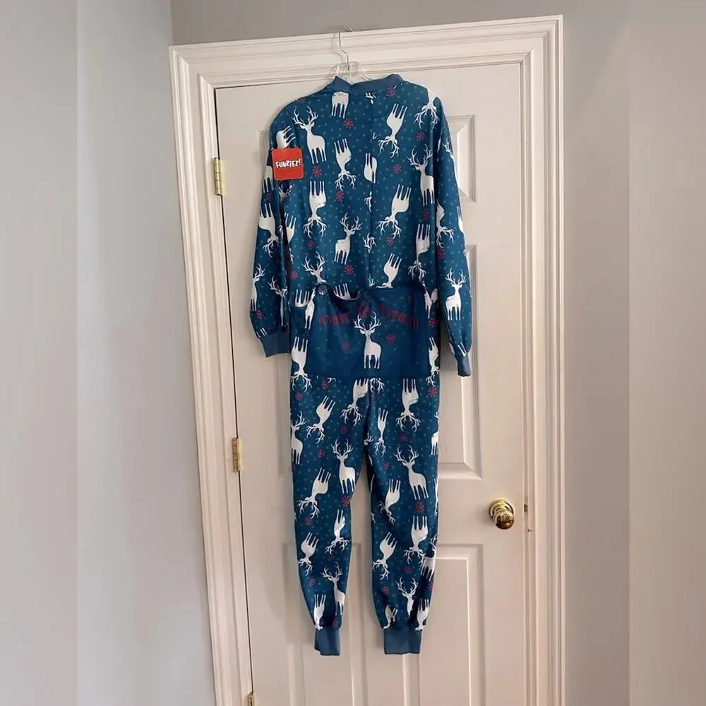 Funziez! Christmas Reindeers Pajama Adult Onesie Holiday Women SMALL Blue PJ NWT
